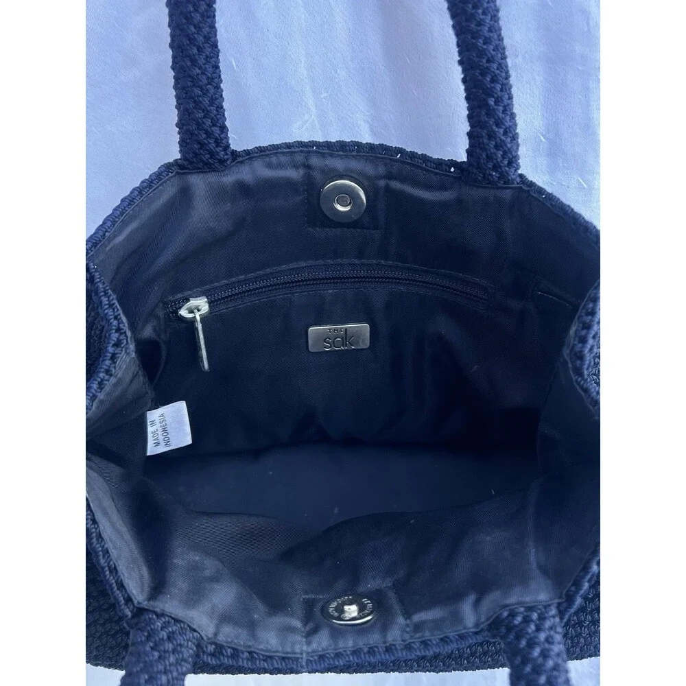 The Sak Navy Blue Crochet Zip Top Shoulder Bag Purse Casual Granny Grandma Core